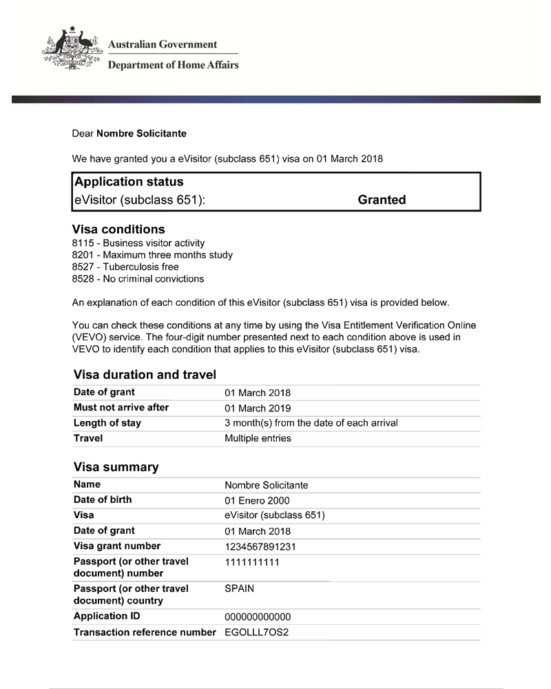 eVisitor Visa-Australia-Facsimile